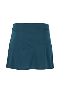 Teal kjolshorts i ett mjukt, elastiskt tyg. Har en elastisk midja och en utställd siluett. Anmärkningsvärd diagonal sömdetalj på framsidan.