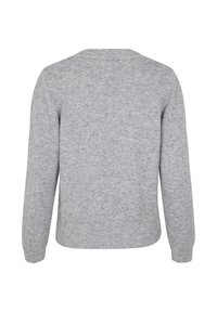 Grå strikket sweater med runde hals, lange ærmer og ribbet kant. Blød tekstur og enkelt design, set fra ryggen.