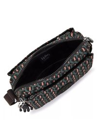 Borsa Kipling verde e rosa con motivo, due scomparti con zip, esterno testurizzato, interno nero e un ciondolo a forma di scimmia in gomma.