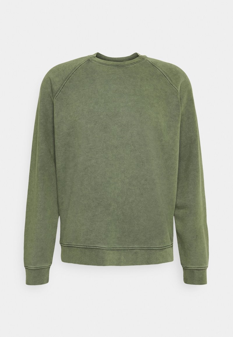 Sudadera verde con mangas raglán, cuello redondo, tejido texturizado y puños acanalados. Sin patrones visibles ni detalles metálicos.