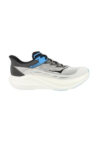 Chaussure de course noir et blanc avec des accents bleus, étiquette "ROCKET X 3", tige en mesh et semelle épaisse et rembourrée, vue de côté sur fond blanc.