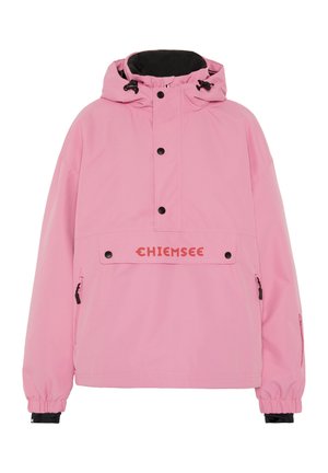 Pink pullover jacket with a hood, featuring a black-lined collar, front pocket with button closures, and elastic cuffs. Logo on the pocket.