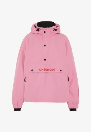 Pink pullover jacket with a hood, featuring a black-lined collar, front pocket with button closures, and elastic cuffs. Logo on the pocket.