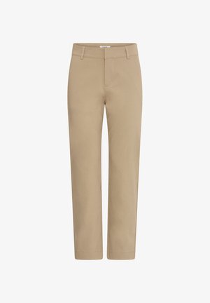 Beige, fazonra szabott nadrág sima pamut keverék anyagból; övhurkokkal, elülső zsebekkel és tiszta hemeléssel rendelkezik.