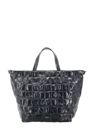 Schwarze glänzende Tragetasche mit Kroko-Struktur, zwei Griffen und kleinem goldfarbenem "abro"-Logo in der Mitte vorne.