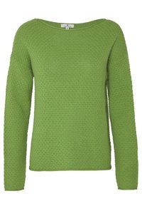 Groene, gebreide trui met lange mouwen, een textuurpatroon en een brede halslijn. Materiaal lijkt zacht met geribbelde boorden en zoom. Maat S.