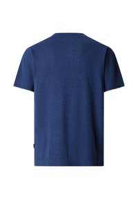 T-shirt bleu marine à manches courtes et col rond, vu de dos sur un fond blanc.