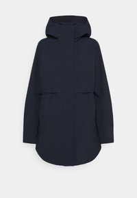 Marineblaue Kapuzenjacke mit lockerer Passform, ausgestattet mit einer vorderen Klappentasche und leicht abgerundetem Saum. Hergestellt aus leichtem, glattem Material.