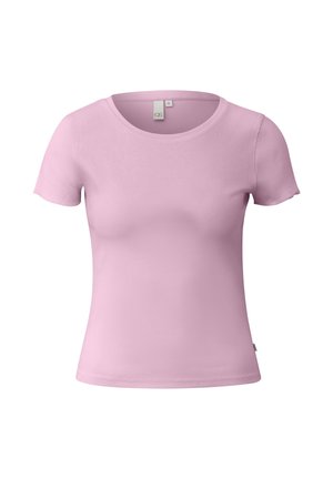Lichtroze getailleerd dames T-shirt met korte mouwen, ronde halslijn, geribbelde stofstructuur en een klein maatlabel bij de kraag.