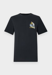 Black cotton T-shirt with short sleeves, featuring a colorful graphic print on the left chest including text and design elements.