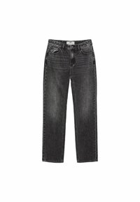 Jeans neri lavati con gamba dritta, con tasche frontali, passanti per cintura e chiusura a bottone, distesi su uno sfondo bianco.