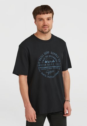Black cotton t-shirt with a round neckline, featuring blue circular graphic text design on the front and short sleeves.