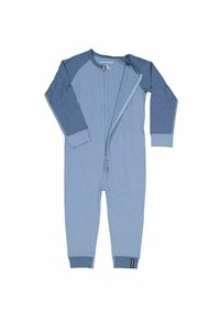 Blaues Langarm-Body mit einem Reißverschluss vorne. Besitzt kontrastierende, dunklere blaue Raglanärmel und -bündchen. Hergestellt aus weichem Stoff.