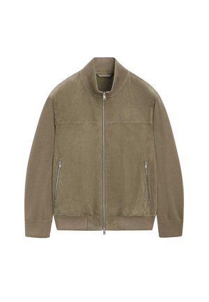 Hellbraune Bomberjacke mit Reißverschluss, geripptem Kragen, Bündchen und Saum, zwei vorderen Reißverschlusstaschen und glatten Stoffärmeln.