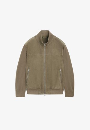 Lichtbruine bomberjack met ritssluiting, geribde kraag, manchetten en zoom, voorzien van twee voorzakken met rits en mouwen van gladde stof.