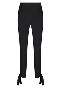 Svarta leggings med bred midjeband och kort längd. Har snören vid vristerna för justerbar passform. Tillverkade av stretchigt tyg.