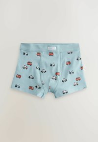 Boxer shorts azzurri chiari con un motivo di piccoli veicoli colorati in rosso, nero e bianco. Realizzati in un tessuto morbido e elasticizzato.