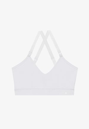 Balta sportinė liemenėlė su V formos iškirpte, reguliuojamomis petnešėlėmis, kertančiomis nugaros dalyje, pagaminta iš glotnaus audinio, su logotipu apatiniame kairiajame kampe.