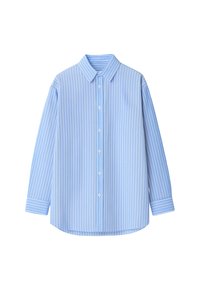 Camicia azzurro chiaro con righe verticali bianche, maniche lunghe, colletto e orlo arrotondato. Realizzata in tessuto morbido con una trama fresca.