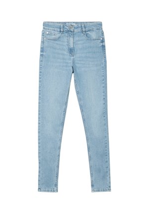 Jeans skinny color azzurro chiaro con bottone frontale, chiusura con cerniera, passanti per cintura e cinque tasche su sfondo bianco.