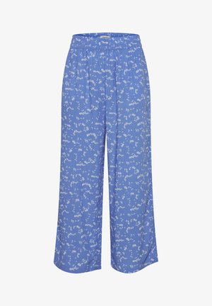 Blauwe wijde broek van lichtgewicht stof, met een witte bloemenpatroon en een elastische tailleband voor comfort.