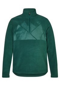 Tmavě zelený fleecový pulovr s polovičním zipem na límci. Obsahuje hladký, lesklý panel přes hruď s geometrickými tvary. Měkká textura.