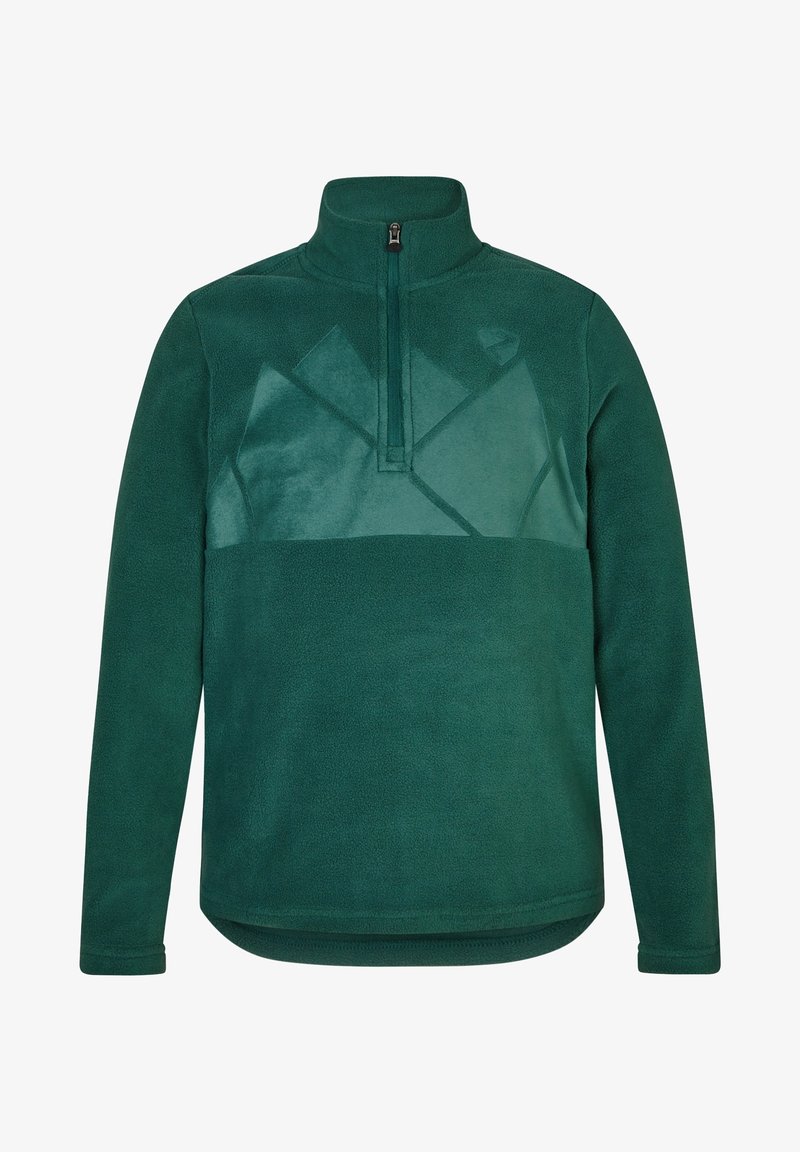 Tummanvihreä fleece-pusero, jossa on puolivetoketju-kaulus. Sisältää sileän, kiiltävän paneelin rinnan kohdalla, jossa on geometrisia muotoja. Pehmeä pinta.