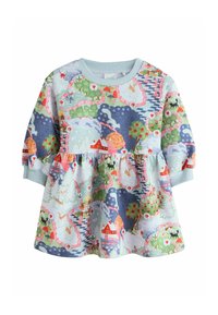 Langärmliges Kleid mit pastellblauem Grundton, verziert mit einem detaillierten, bunten Muster aus Bäumen, Häusern und Tieren. Weiches Baumwollmaterial, tailliert mit Raffung.