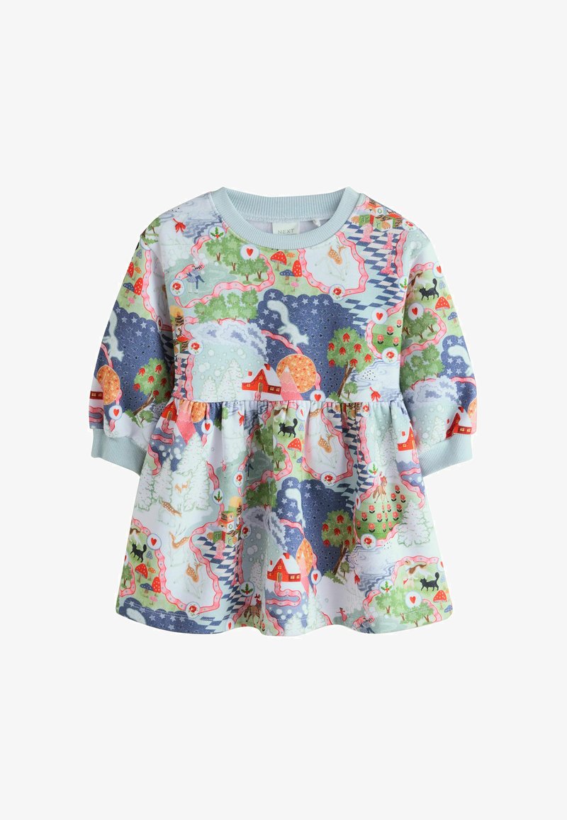 Langärmliges Kleid mit pastellblauem Grundton, verziert mit einem detaillierten, bunten Muster aus Bäumen, Häusern und Tieren. Weiches Baumwollmaterial, tailliert mit Raffung.