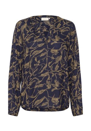 Blouse bleu marine à manches longues avec motifs floraux abstraits couleur sable et col en V.