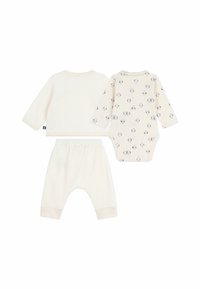 Dreiteiliges Babyoutfit in Creme: enthält ein schlichtes Langarmoberteil, einen gemusterten Body mit kleinen Illustrationen und eine passende Hose.