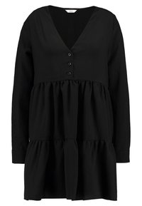 Schwarzes Kleid mit V-Ausschnitt, langen Ärmeln und Knopfdetails. Der Saum hat ein gerafftes Volantdesign und besteht aus weichem Stoff.