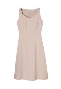 Beige ärmlös klänning med en lätt utställd kjol, tillverkad av ett mjukt tyg. Har en U-formad halsringning och en dragkedja på baksidan.