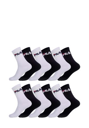 Ensemble de 12 chaussettes en noir et blanc. Design côtelé avec un renfort au talon et à la pointe. Présente le logo Fila en rouge, blanc et bleu sur le dessus.