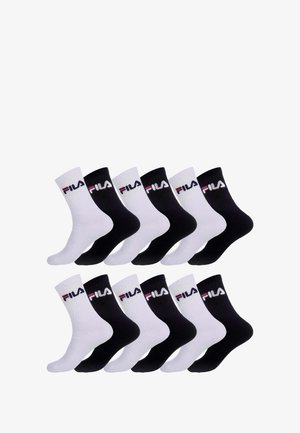 Ensemble de 12 chaussettes en noir et blanc. Design côtelé avec un renfort au talon et à la pointe. Présente le logo Fila en rouge, blanc et bleu sur le dessus.