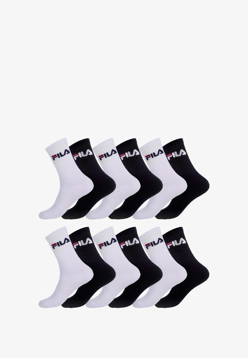 Ensemble de 12 chaussettes en noir et blanc. Design côtelé avec un renfort au talon et à la pointe. Présente le logo Fila en rouge, blanc et bleu sur le dessus.