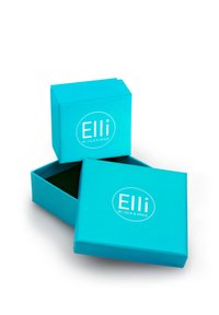 Turkis boks med låg, med hvidt logo "Elli by Julie & Grace." Indvendigt er der grøn filt. Firkantet form, glat overflade.