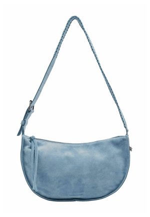 Hellblaue Wildleder-Schultertasche mit geflochtenem, verstellbarem Riemen und Reißverschluss, abgerundete rechteckige Form.