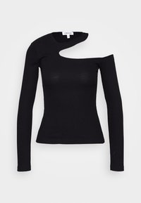 Schwarzes langärmeliges Oberteil mit geripptem Textil, das über einen asymmetrischen Ausschnitt an der Schulter und eine enganliegende Passform verfügt.