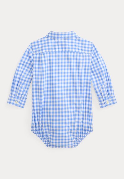 Μακρυμάνικο μωρουδιακό φορμάκι με μπλε και λευκό καρό σχέδιο, με κουμπωτά μανσέτες και γιακά, εμφανιζόμενο από πίσω σε λευκό φόντο.