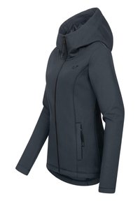 Tamno siva softshell jakna s visokim ovratnikom i kapuljačom, sa prednjim patentnim zatvaračem, džepovima i detaljima šivanja. Glatka tekstura.