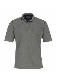 Ciemnoszary polo wykonany z bawełny, z kołnierzykiem, trzema guzikami i kieszenią na lewej piersi. Kołnierzyk ma kontrastowe wykończenie.