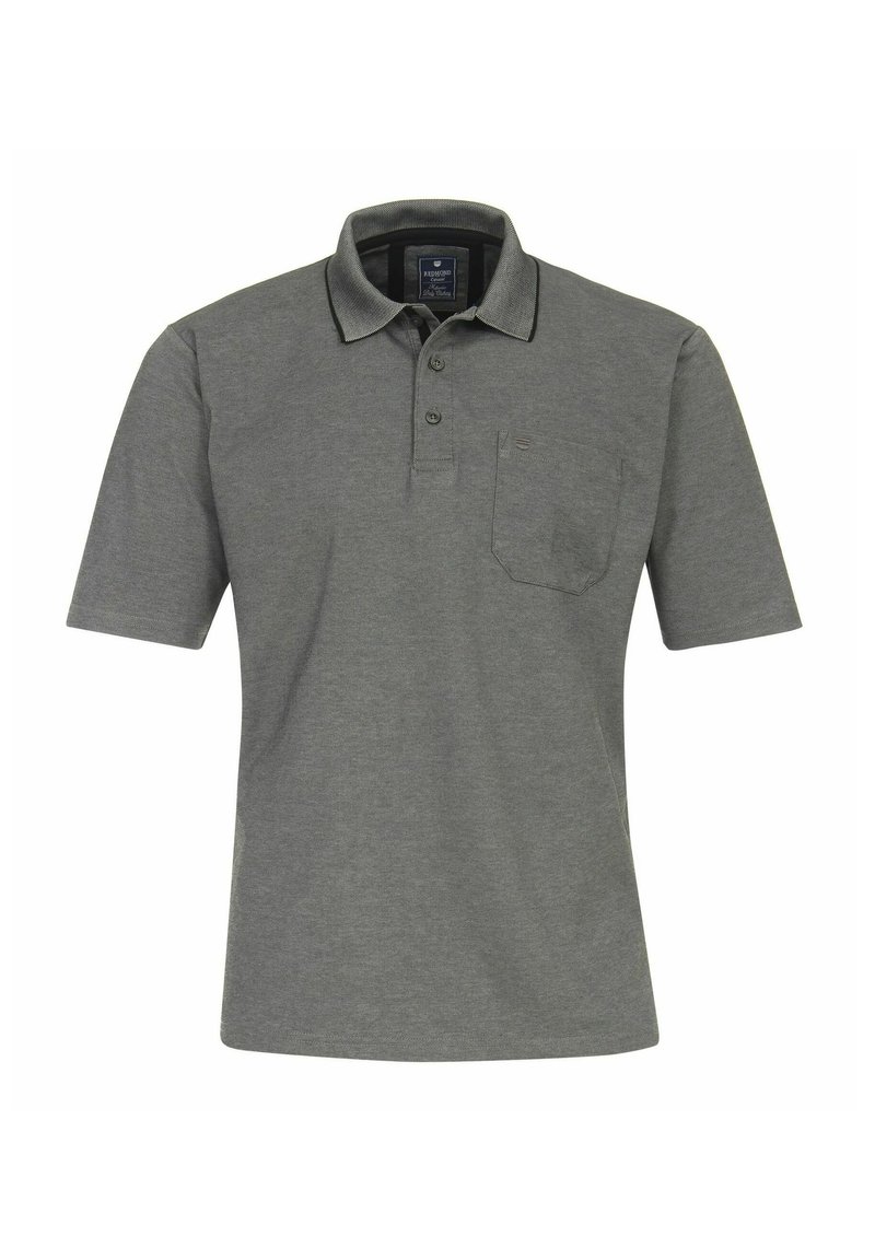 Ciemnoszary polo wykonany z bawełny, z kołnierzykiem, trzema guzikami i kieszenią na lewej piersi. Kołnierzyk ma kontrastowe wykończenie.