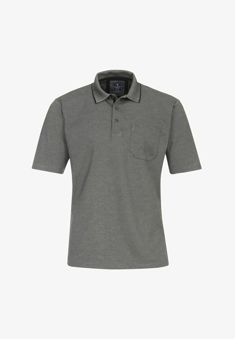 Ciemnoszary polo wykonany z bawełny, z kołnierzykiem, trzema guzikami i kieszenią na lewej piersi. Kołnierzyk ma kontrastowe wykończenie.