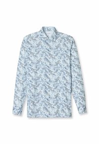 Himmelblaues Langarmhemd mit Paisleymuster in dunkleren Farbtönen, ausgestattet mit einem klassischen Kragen und Knopfmanschetten. Glatte Stofftextur.