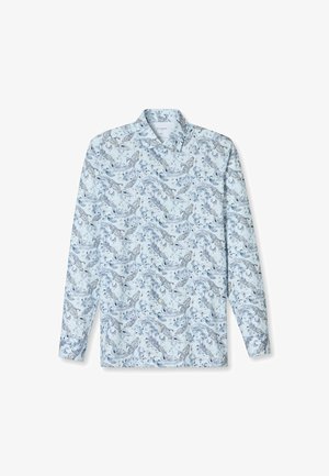 Himmelblaues Langarmhemd mit Paisleymuster in dunkleren Farbtönen, ausgestattet mit einem klassischen Kragen und Knopfmanschetten. Glatte Stofftextur.