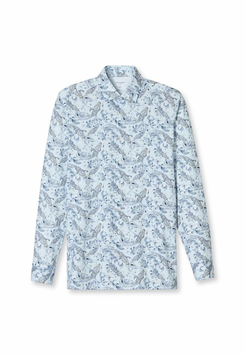 Himmelblaues Langarmhemd mit Paisleymuster in dunkleren Farbtönen, ausgestattet mit einem klassischen Kragen und Knopfmanschetten. Glatte Stofftextur.
