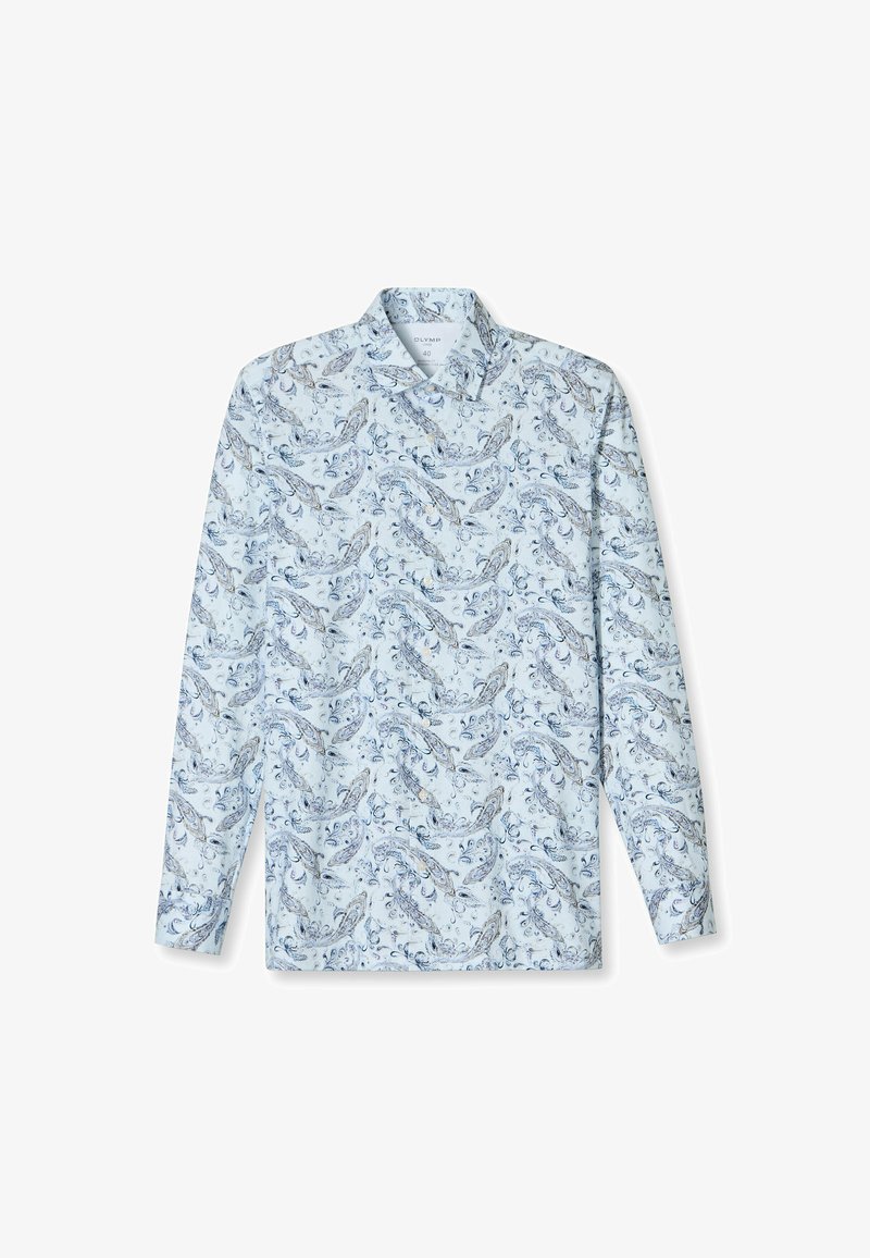 Himmelblaues Langarmhemd mit Paisleymuster in dunkleren Farbtönen, ausgestattet mit einem klassischen Kragen und Knopfmanschetten. Glatte Stofftextur.