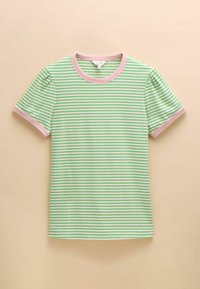 Green and white striped t-shirt with short sleeves and a pink ribbed crew neckline, featuring soft, smooth fabric and a relaxed fit.