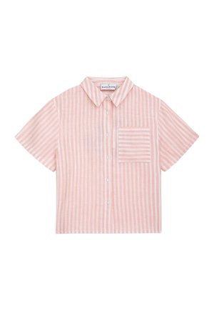 Kurzärmeliges Hemd aus Leinen mit hellrosa und weißen Streifen. Verfügt über einen Kragen, eine durchgehende Knopfleiste vorne und eine Brusttasche.